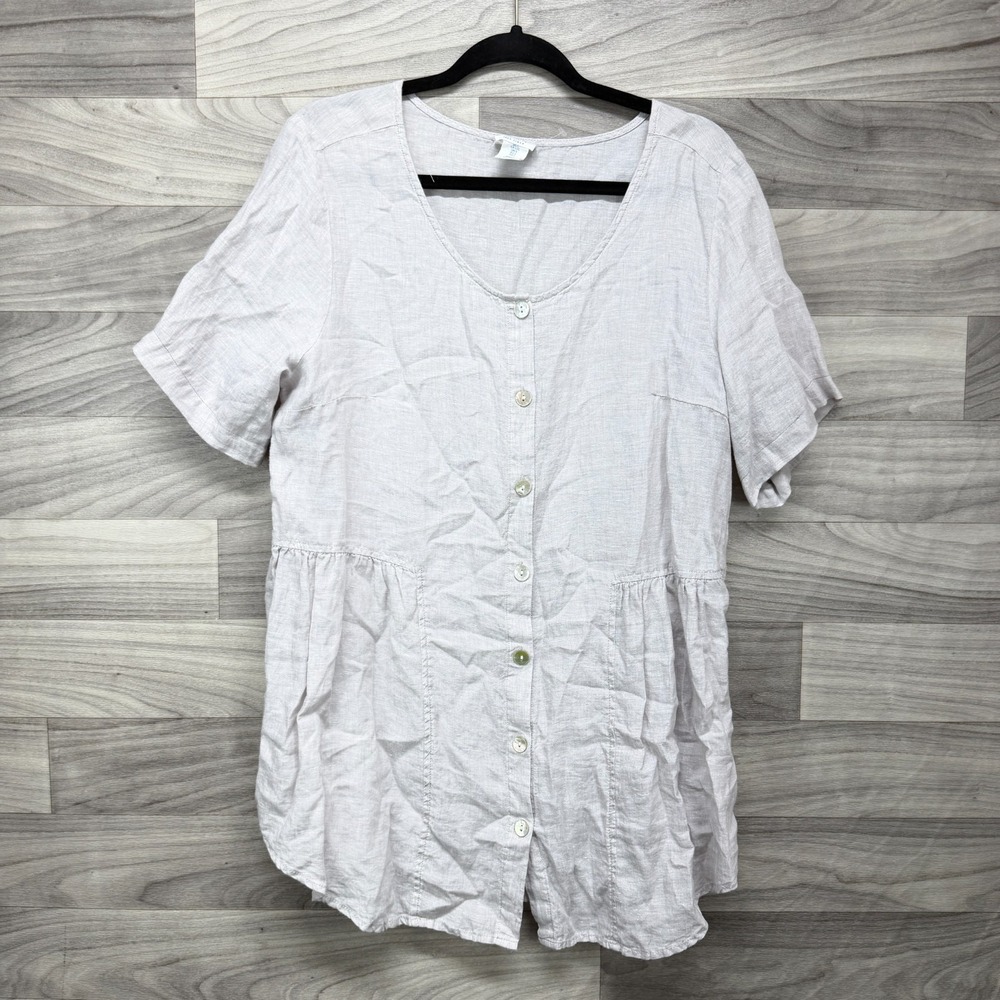 Sigrid Olsen Tunic Top Women's Large Gray 100% Linen Short Sleeve‎ Button Front